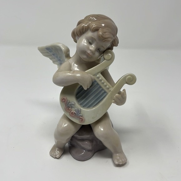 Lladro #6628 Adagio Angel Cherub Playing Harp Porcelain Figurine - Picture 1 of 6